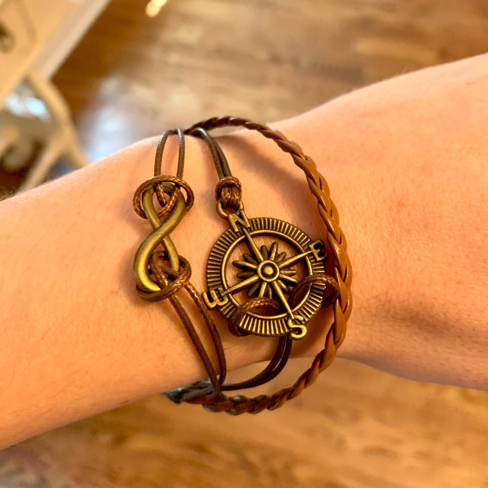 Compass Braid Infinity Triple Strand Adjustable Bracelet Brown Bronze Gold Color